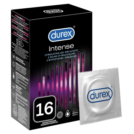 Durex Intense, preservativos con gel estimulante, acanalados con tachuelas, 16 piezas