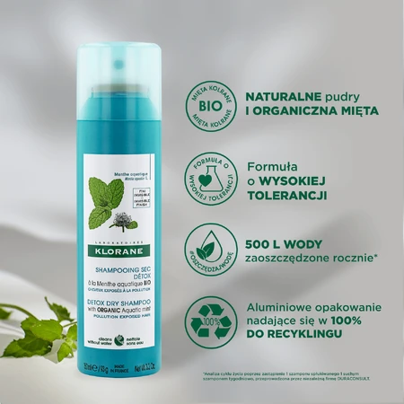 Klorane, champú seco desintoxicante con menta acuática ecológica, 150 ml