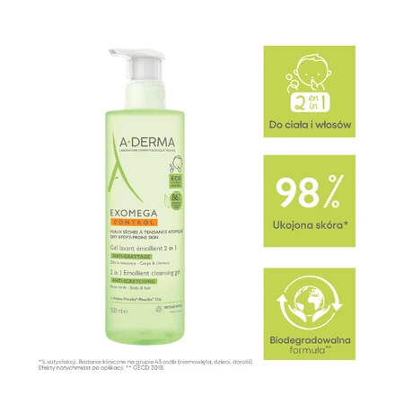 A-Derma Exomega Control 2in1, gel émollient pour le corps, le visage et les cheveux, dès la naissance, 500 ml