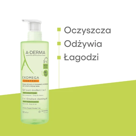 A-Derma Exomega Control 2in1, gel émollient pour le corps, le visage et les cheveux, dès la naissance, 500 ml
