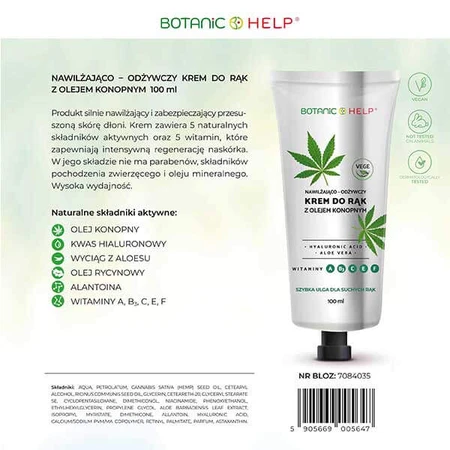 Botanic Help, crema de manos hidratante y nutritiva con aceite de cáñamo, 100 ml