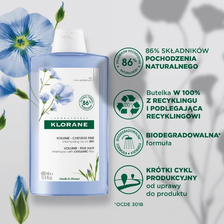 Klorane, champú a base de fibra de lino para cabellos finos y sin brillo, 400 ml