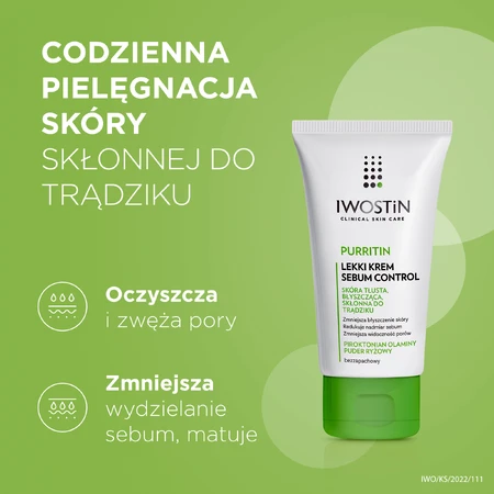 Iwostin Purritin, Sebum Control crème légère, peau grasse, brillante, acnéique, 60 ml