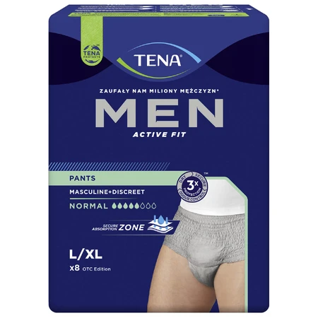 Tena Men Active Fit Pants, braguitas absorbentes para hombre, talla L/XL, 95-130 cm, Normal, 8 piezas