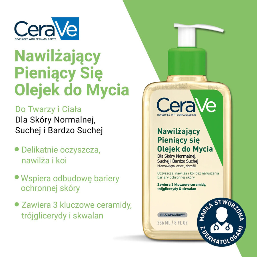 CeraVe, aceite espumoso hidratante con ceramidas para el lavado, 236 ml