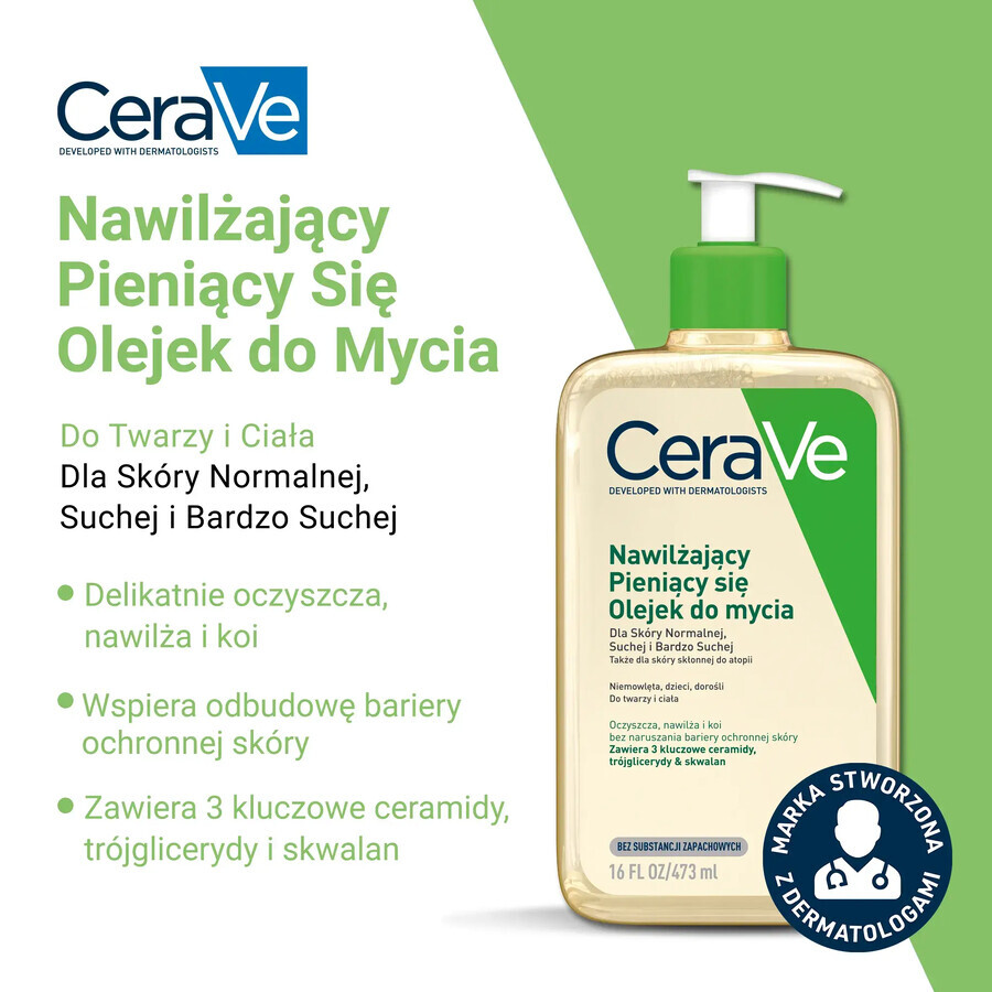 CeraVe, moisturizing foaming oil with ceramides for washing, 473 ml