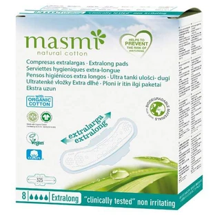 Masmi Natural Cotton, compresas sanitarias de algodón orgánico, con alas, extralargas y ultrafinas, Extralargas, 8 piezas