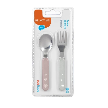 BabyOno, cubiertos infantiles, acero inoxidable, rosa-gris, 1065/ 02, a partir de 12 meses