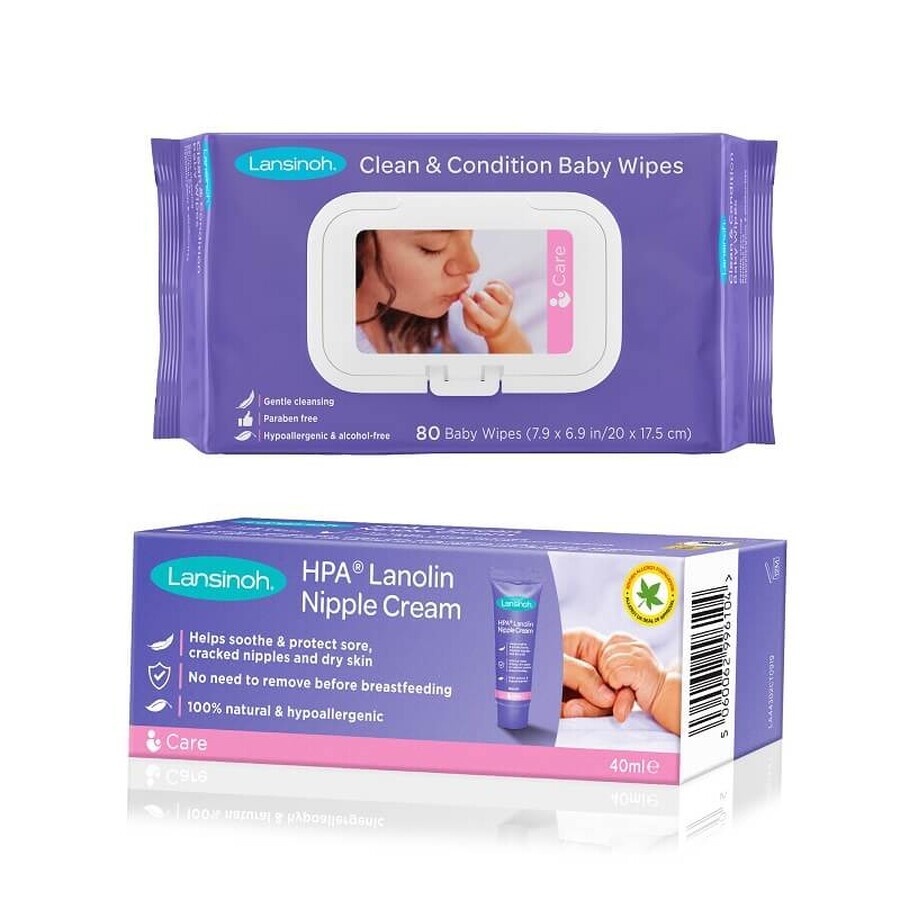 Crema Lanolina HPA, 40 ml + salviette umidificate Lanolina, 80 pezzi, Lansinoh