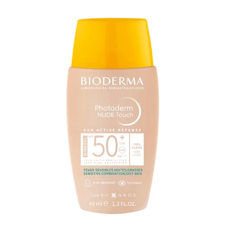 Bioderma Photoderm Nude Touch, base de maquillaje mineral con efecto nude, tono muy claro, FPS 50+, 40 ml