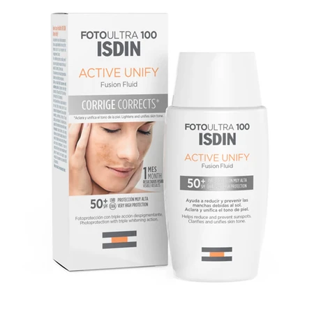 Isdin Fotoultra 100 Active Unify, fluido corrector de decoloración, SPF 50+, 50 ml