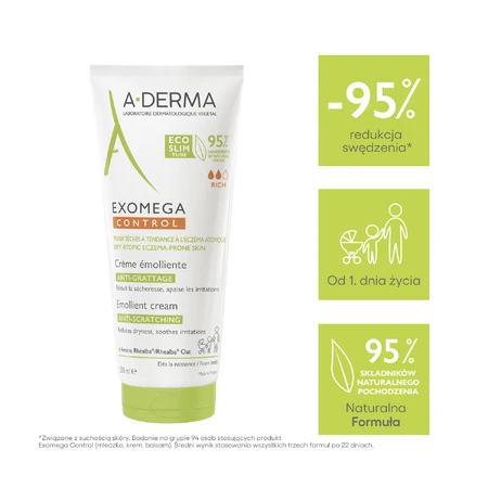 A-Derma Exomega Control, crème émolliente, peaux sèches et atopiques, dès le 1er jour, 200 ml