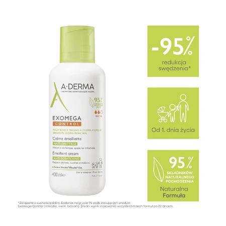 A-Derma Exomega Control, crema emoliente, pieles secas y con tendencia atópica, desde 1 día de vida, 400 ml