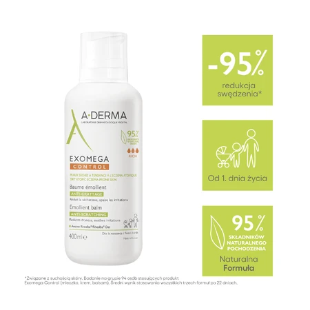 A-Derma Exomega Control, verzachtende lotion, droge en atopiegevoelige huid, vanaf dag 1, 400 ml