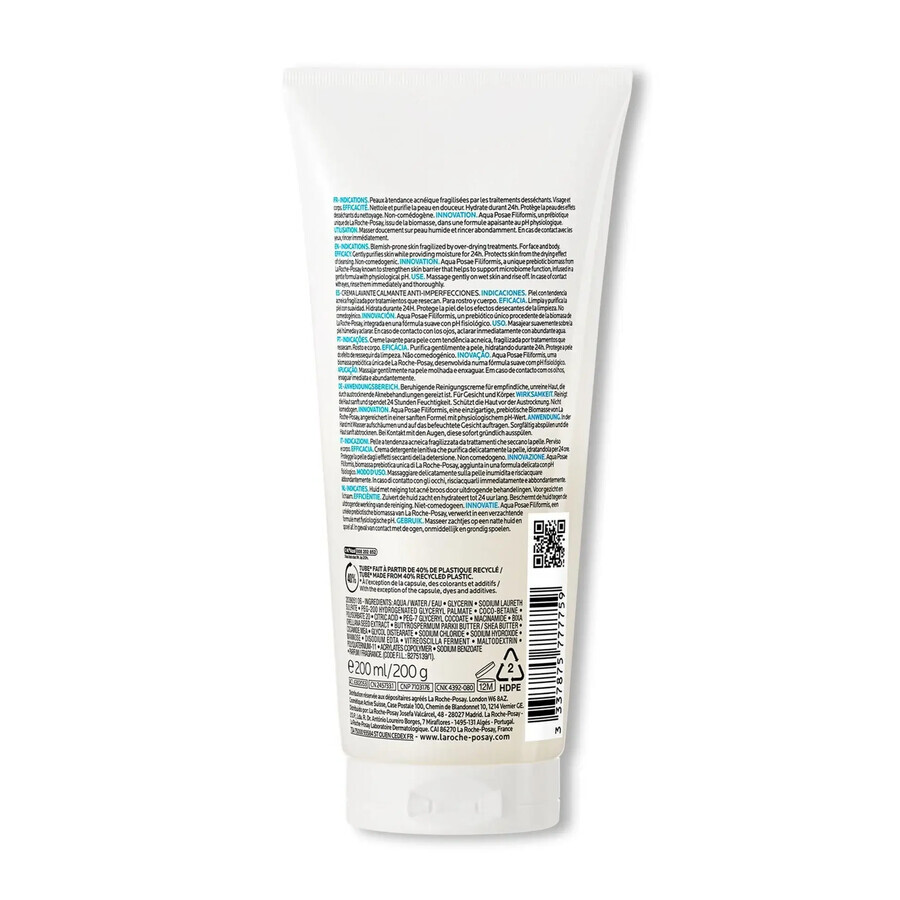 La Roche-Posay Effaclar H Iso - Biome, crema limpiadora calmante contra las imperfecciones, 200 ml