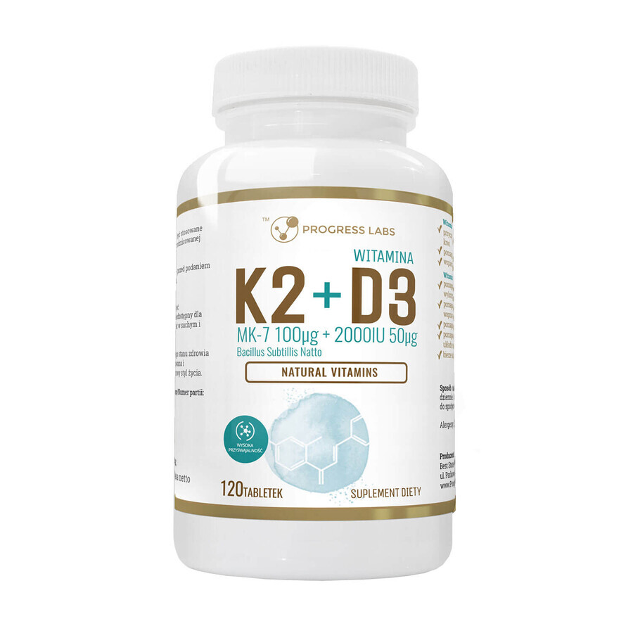 Boutique Progress Labs Vitamin K2 MK-7 from Natto 100 μg + D3 2000 IU 50 μg, 120 comprimés Progress Labs Vitamin K2 MK-7 from Natto 100 μg + D3 2000 IU 50 μg, 120 comprimés
