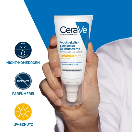 CeraVe, crema facial hidratante con ceramidas, piel normal y seca, SPF 50, 52 ml