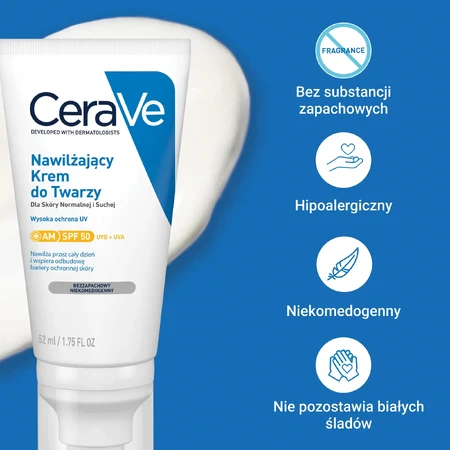CeraVe, crema facial hidratante con ceramidas, piel normal y seca, SPF 50, 52 ml