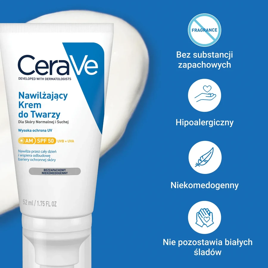 CeraVe, crema facial hidratante con ceramidas, piel normal y seca, SPF 50, 52 ml