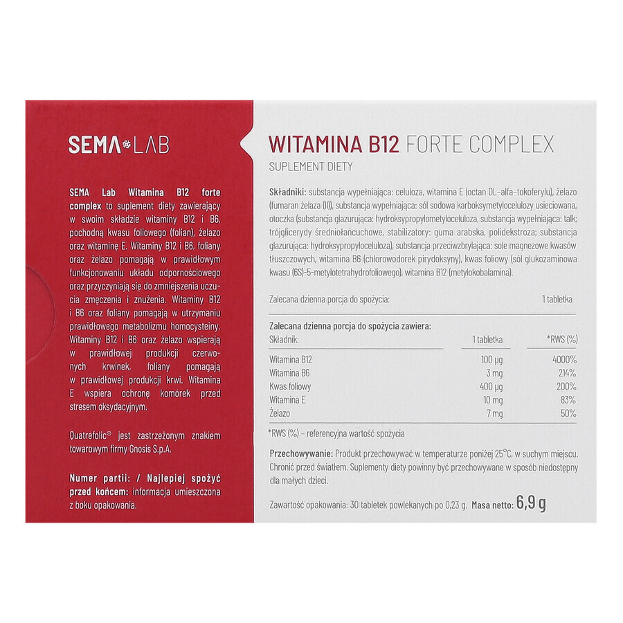 SEMA Lab Vitamina B12 Forte Complex, 30 comprimate filmate