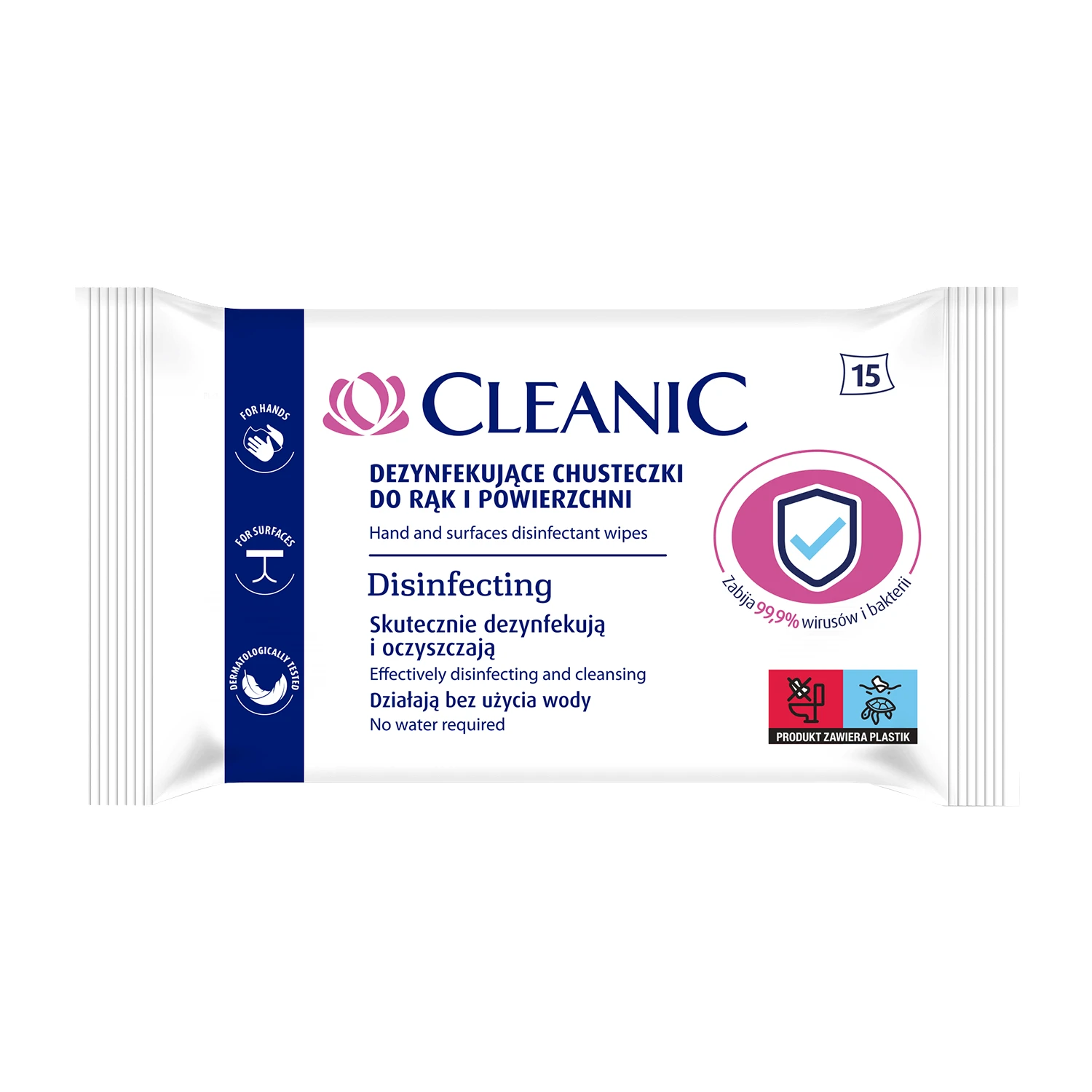 Cleanic, disinfectant wipes for hands and surfaces, 15 pieces