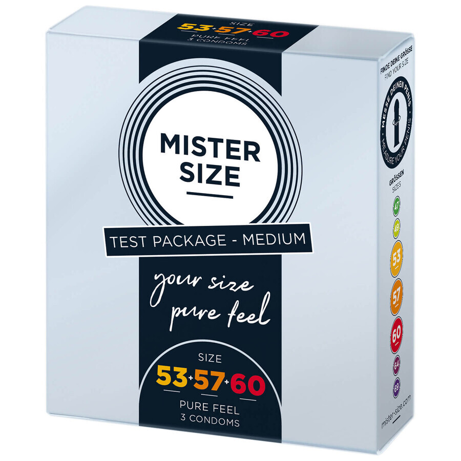 Mister Size, preservativi umidificati, lisci, confezione di prova, 53 mm + 57 mm + 60 mm, 3 pezzi