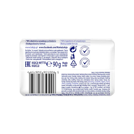 Luksja Creamy &amp; Soft, jabón en barra cremoso, hidratante, leche de lino y arroz, 90 g