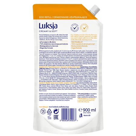 Luksja Creamy &amp; Soft, jabón líquido cremoso, relajante, jazmín y vainilla, caldo, 900 ml