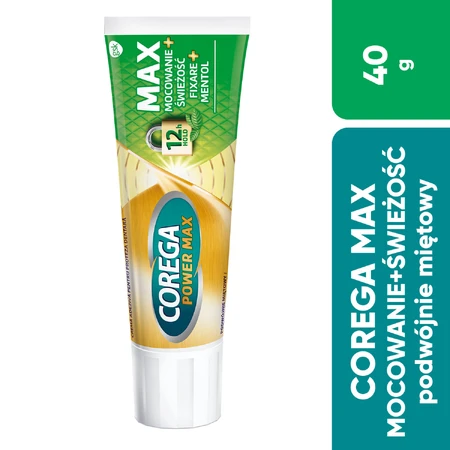 Corega Power Max Fixation + Fraîcheur, crème fixatrice pour prothèses dentaires, double menthe, 40 g