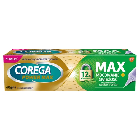 Corega Power Max Fixation + Fraîcheur, crème fixatrice pour prothèses dentaires, double menthe, 40 g