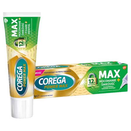 Corega Power Max Fixation + Fraîcheur, crème fixatrice pour prothèses dentaires, double menthe, 40 g