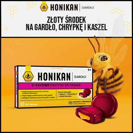 Honikan Gardło, pastillas bifásicas para niños a partir de 6 años y adultos, sabor a cereza, 16 piezas
