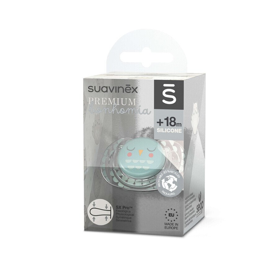Suavinex Bonhomia, fopspeen, silicone, fysiologische SX Pro, mint uil, vanaf 18 maanden, 1 stuk
