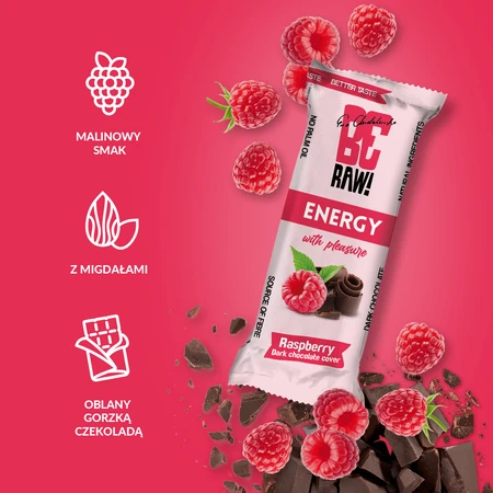 BeRAW! Energie, energiereep, framboos, pure chocolade, 40g