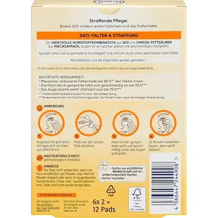 Balea Almohadillas para ojos antiarrugas Q10, 12 piezas