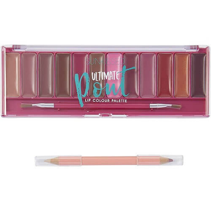 Palette de maquillage pour les lèvres, Sunkissed, Ultimate Pout, 12 rouges à lèvres, crayon et pinceau d'application