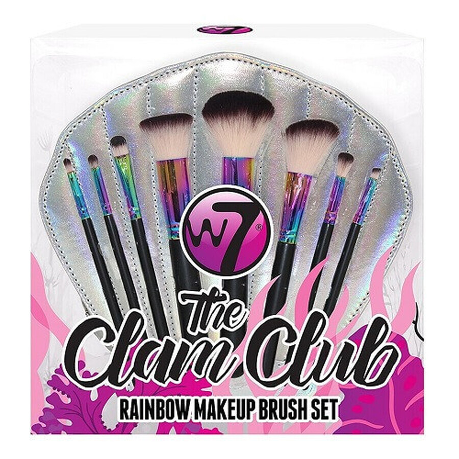Set of 8 Makeup Brushes, W7, The Clam Club Rainbow, Storage bag included