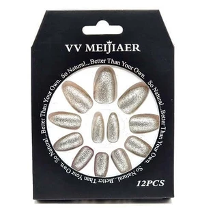 Set de 12 uñas postizas de purpurina, VV Meijiaer, Plata