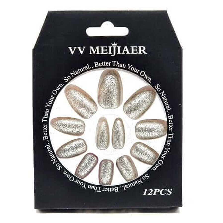Set van 12 nepnagels met glitter, VV Meijiaer, Zilver