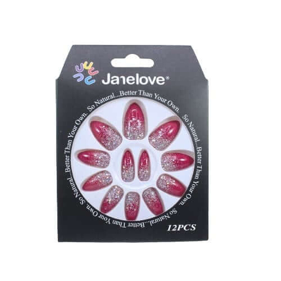 Set de 12 Uñas Postizas Degradadas con Purpurina, Janelove, Visiniu