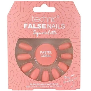 Lot de 24 faux ongles, avec colle, Technic, faux ongles, Squareletto, Pastel Coral