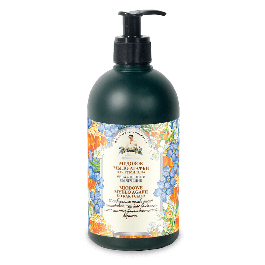Sapone liquido per mani e corpo con estratti di miele e 17 erbe siberiane, 500 ml, Bunica Agafia