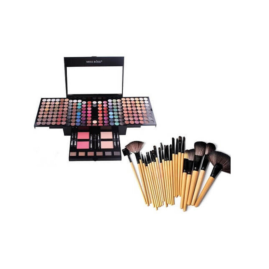 Pack Promocional: Miss Rose Kit de Maquillaje Profesional 190 Colores + Set de 24 Brochas de Maquillaje + Bolso