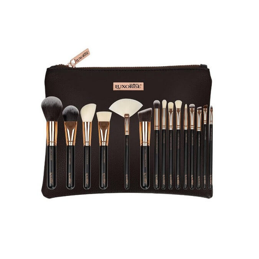 Set de 15 pinceaux de maquillage, Luxorise, or, sac inclus