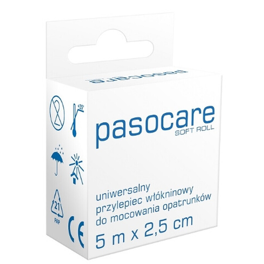 Gesso Pasocare, tessuto non tessuto in rotolo, 5m x 2,5cm, rotolo morbido, 1 pezzo - Lunga durata!