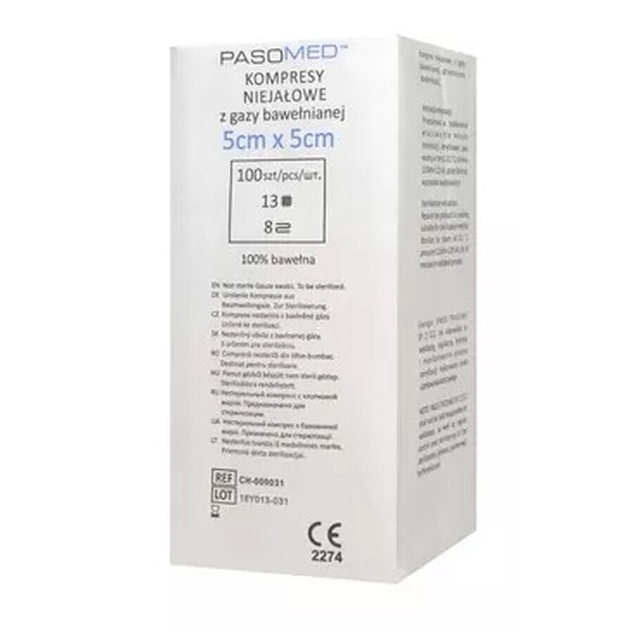Pasomed Vliesstoffkompressen mit 13 Fäden, 8 Lagen, 5cm x 5cm, 100 Stück - Langlebig!