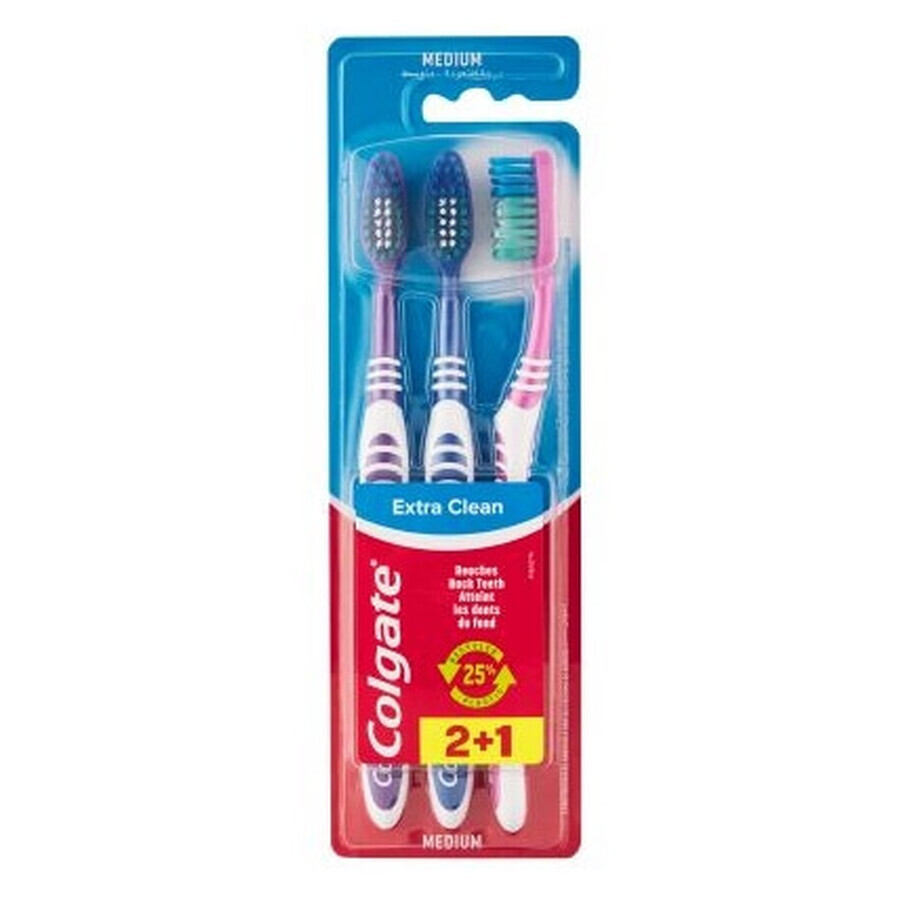 Colgate, Extra Clean Med, cepillos de dientes, 3 piezas