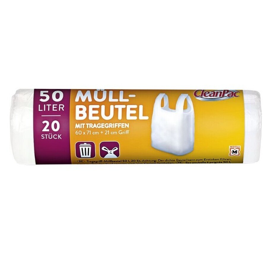 CleanPac Sacchetti per rifiuti con manici 50l, 20 pezzi