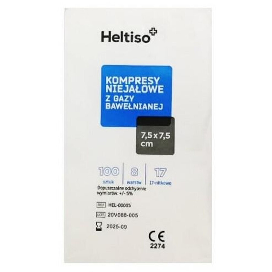 Heltiso, compresas de gasa de algodón no tejido, 17 hilos, 8 capas, 7,5 x 7,5 cm, 100 unidades - ¡Larga duración!
