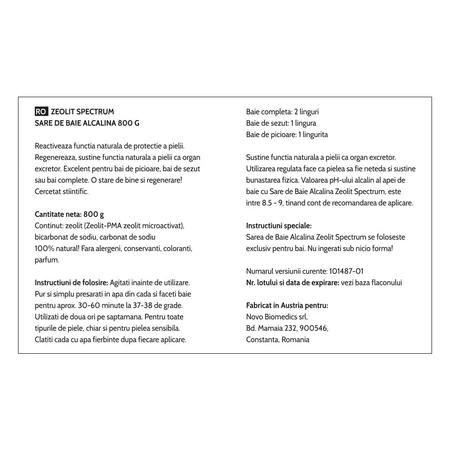 Sel de bain alcalin Zeolite Spectrum, 800 g, Novo Biomedics